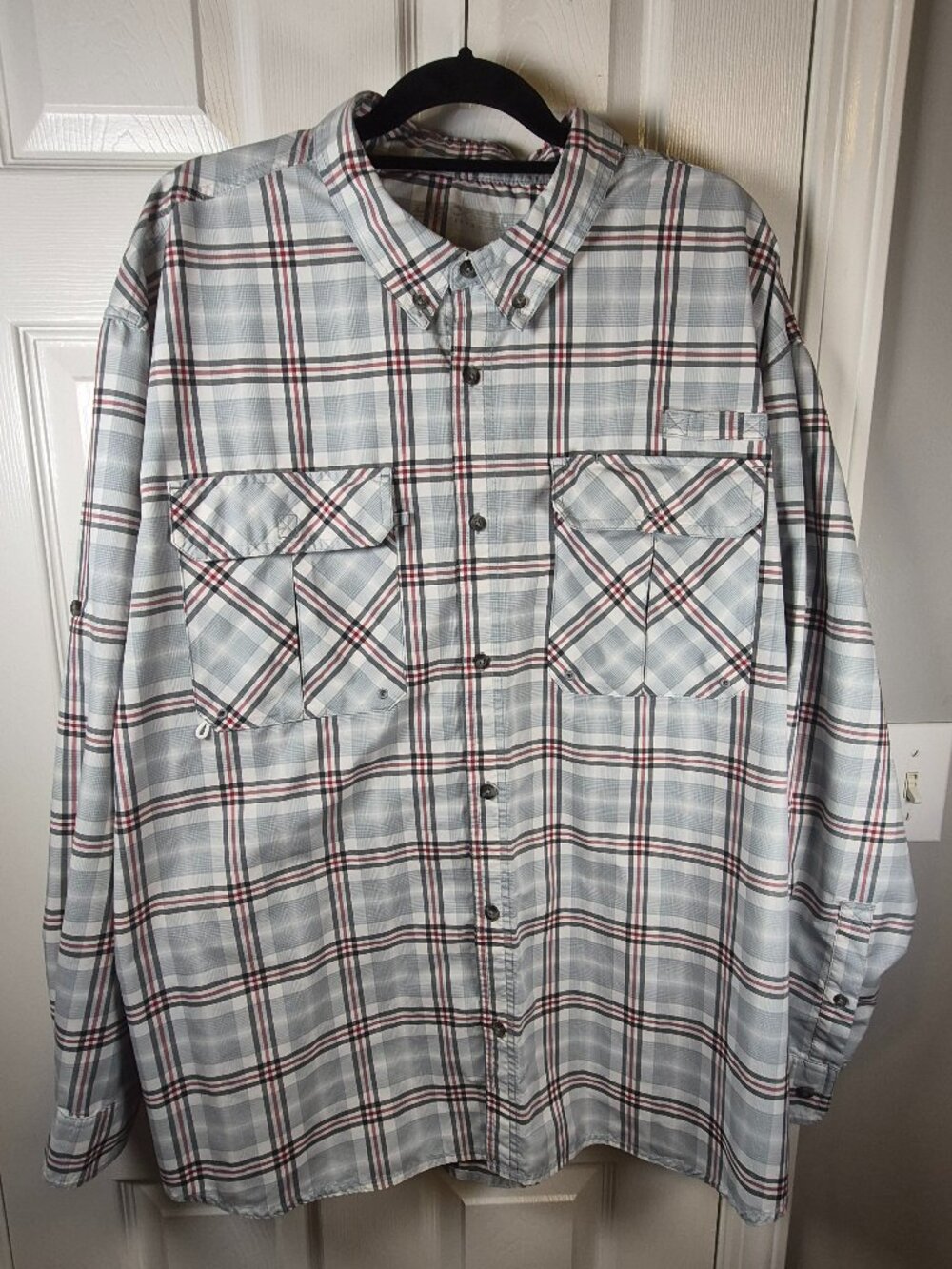 Lincoln Outfitters 2XL Plaid Button Shirt Vented Outdoor Western Gray Red Fishin